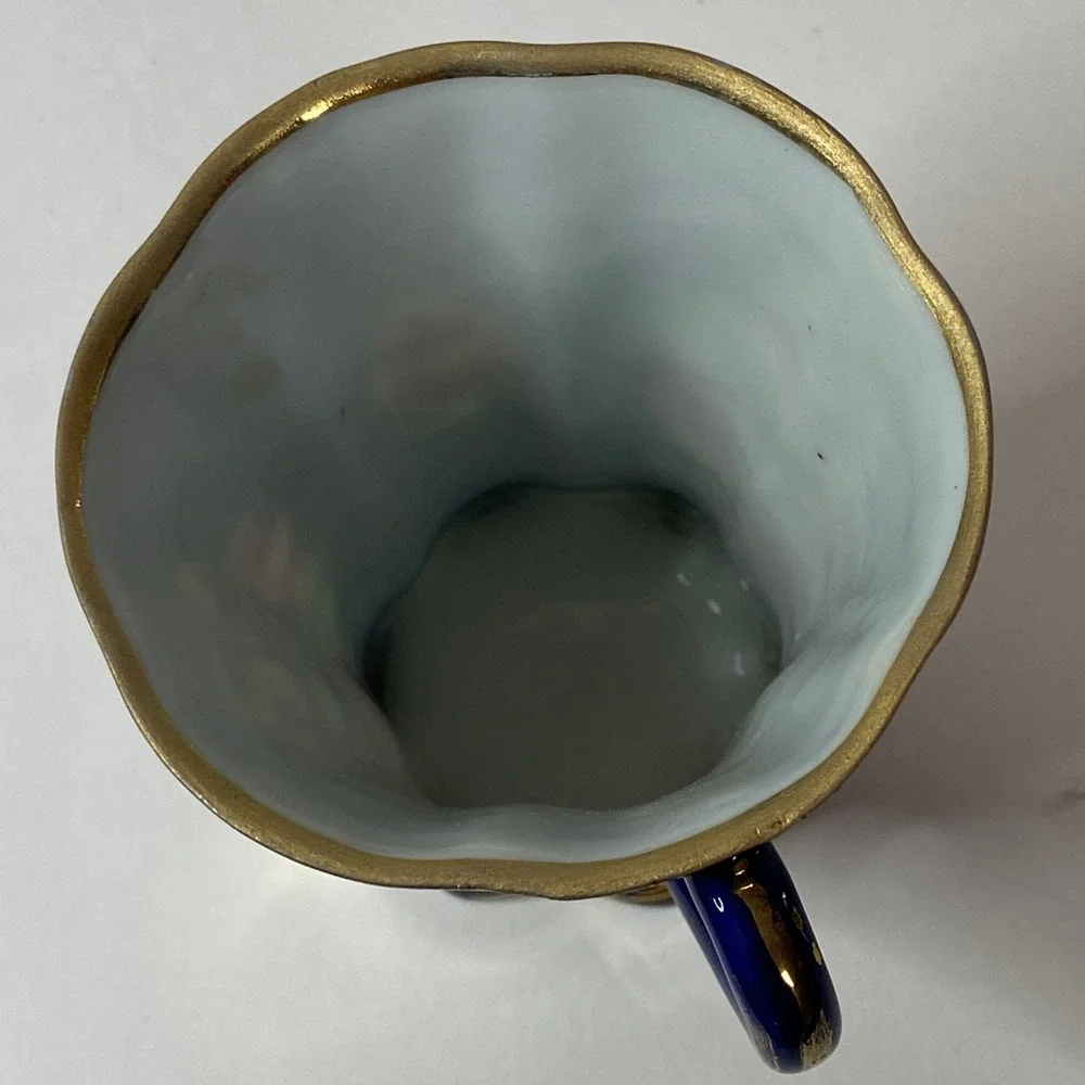 Antique Cobalt Blue Porcelain Tea Cup Gold Gilt Rose Medallion Scalloped Rim